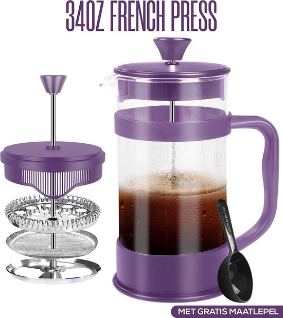 VIER Cafetière à Piston 1L - Verre Borosilicate Résistant à La Chaleur, Filtre Inox Premium Et Couvercle Noir Élégant