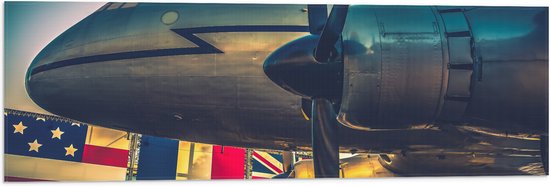 WallClassics - Vlag - Groot Vliegtuig bij Verschillende Vlaggen - 90x30 cm Foto op Polyester Vlag