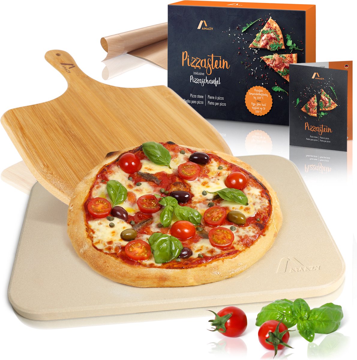 Amazy pizza steen incl. bamboe pizzaschep, duurzame bakfolie en inzetstuk - De ultrahittebestendige broodbaksteen geeft uw pizza de originele Italiaanse smaak van knapperige steenovenpizza's