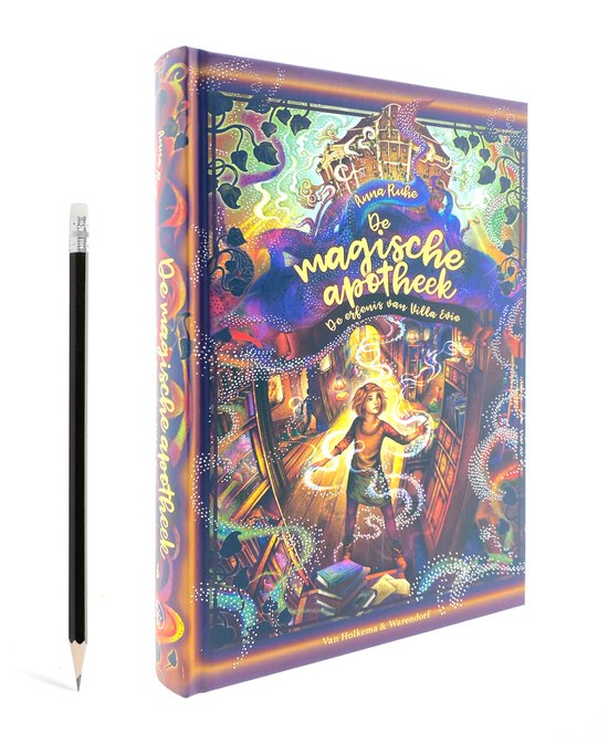 Een boek met een illustratie van een meisje in een magische apotheek, met een potlood ernaast.