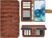 Hoesje Geschikt voor Samsung Galaxy S20 - Bookcase Hoesje - S20 Wallet Book Case Echt Leer Croco Bruin Cover