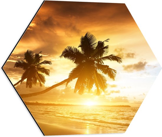 WallClassics - Dibond Hexagon - Palmbomen op het Strand bij Zonsondergang - 50x43.5 cm Foto op Hexagon (Met Ophangsysteem)