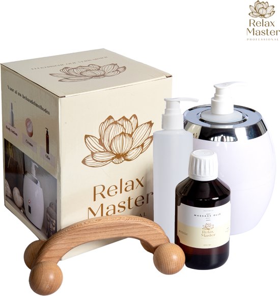Relax Master® Geschenkset met Elektrische Massage Olieverwarmer- Massage Olie - Massage tool - Partner Geschenk - Cadeau - Cadeaupakket - Huwelijkscadeau - Huwelijk - Gift - Geschenkdoos - Verwenpakket voor vrouw / man