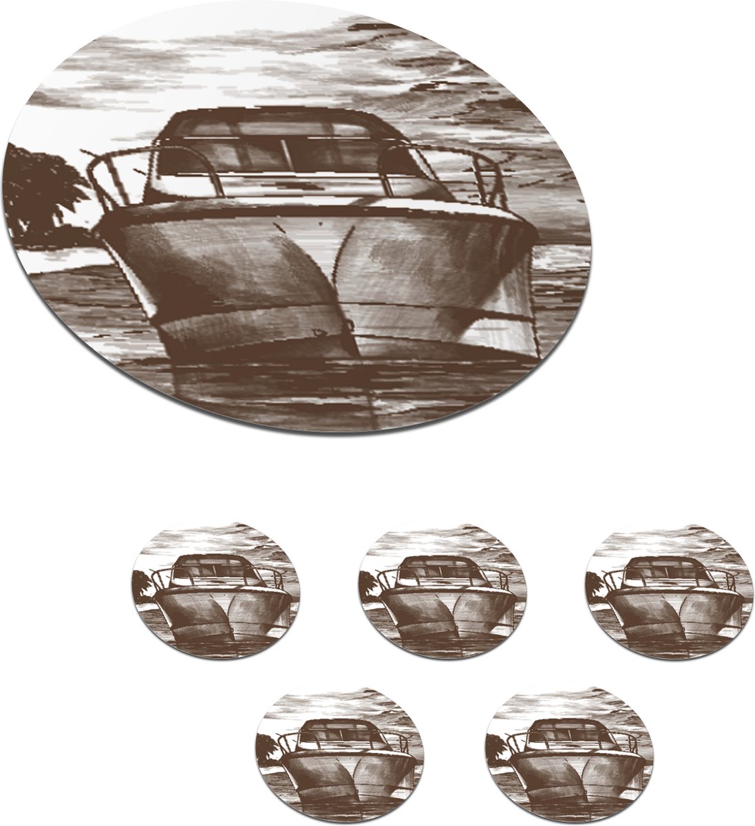 Onderzetters voor glazen - Rond - Boot - Zee - Zwart - Wit - 10x10 cm - Glasonderzetters - 6 stuks