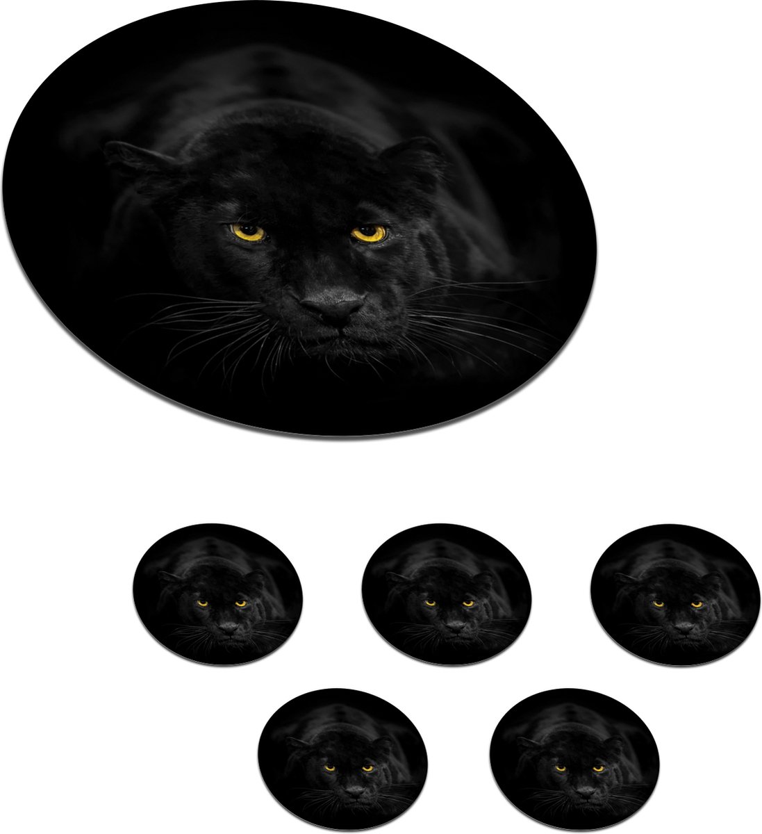 Onderzetters voor glazen - Rond - Panter - Zwart - Geel - 10x10 cm - Glasonderzetters - 6 stuks