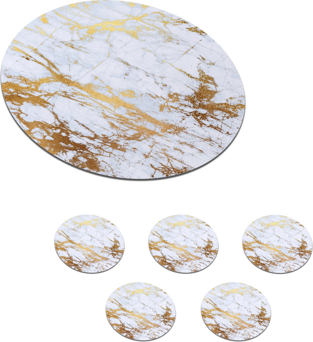 Onderzetters voor glazen - Rond - Marmer - Goud - Wit - 10x10 cm - Glasonderzetters - 6 stuks