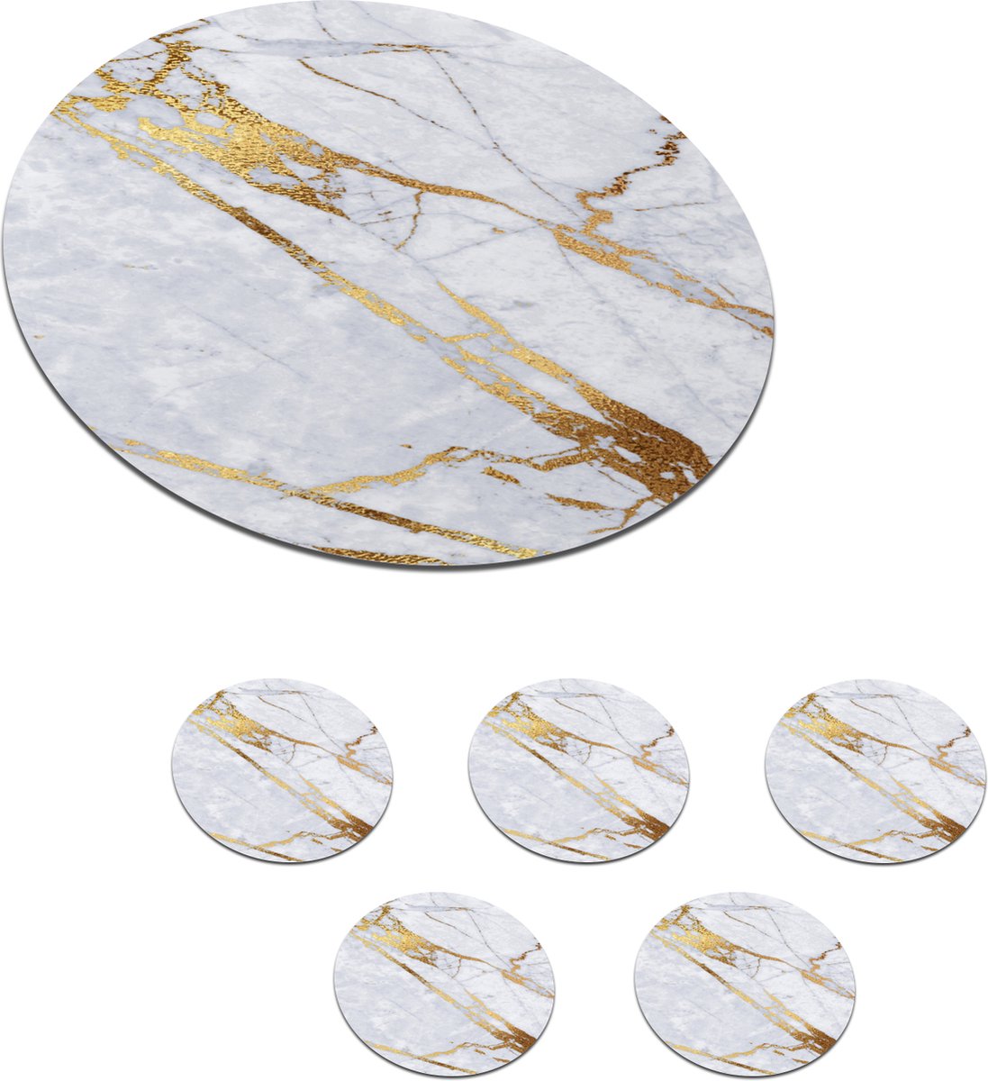 Onderzetters voor glazen - Rond - Marmer - Wit - Goud - 10x10 cm - Glasonderzetters - 6 stuks