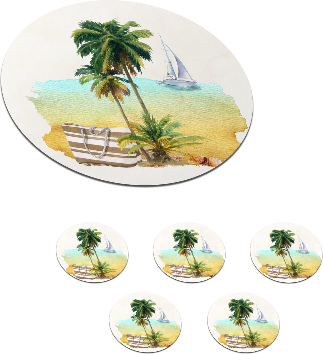 Onderzetters voor glazen - Rond - Tas - Boot - Palmboom - 10x10 cm - Glasonderzetters - 6 stuks