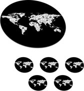 Onderzetters voor glazen - Rond - Wereldkaart - Bladeren - Zwart - 10x10 cm - Glasonderzetters - 6 stuks