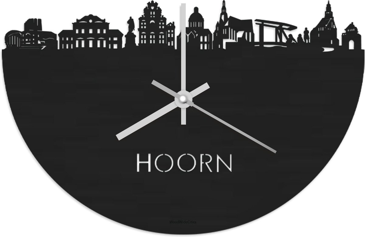 Skyline Klok Hoorn Zwart hout - Ø 40 cm - Stil uurwerk - Wanddecoratie - Meer steden beschikbaar - Woonkamer idee - Woondecoratie - City Art - Steden kunst - Cadeau voor hem - Cadeau voor haar - Jubileum - Trouwerij - Housewarming - WoodWideCities