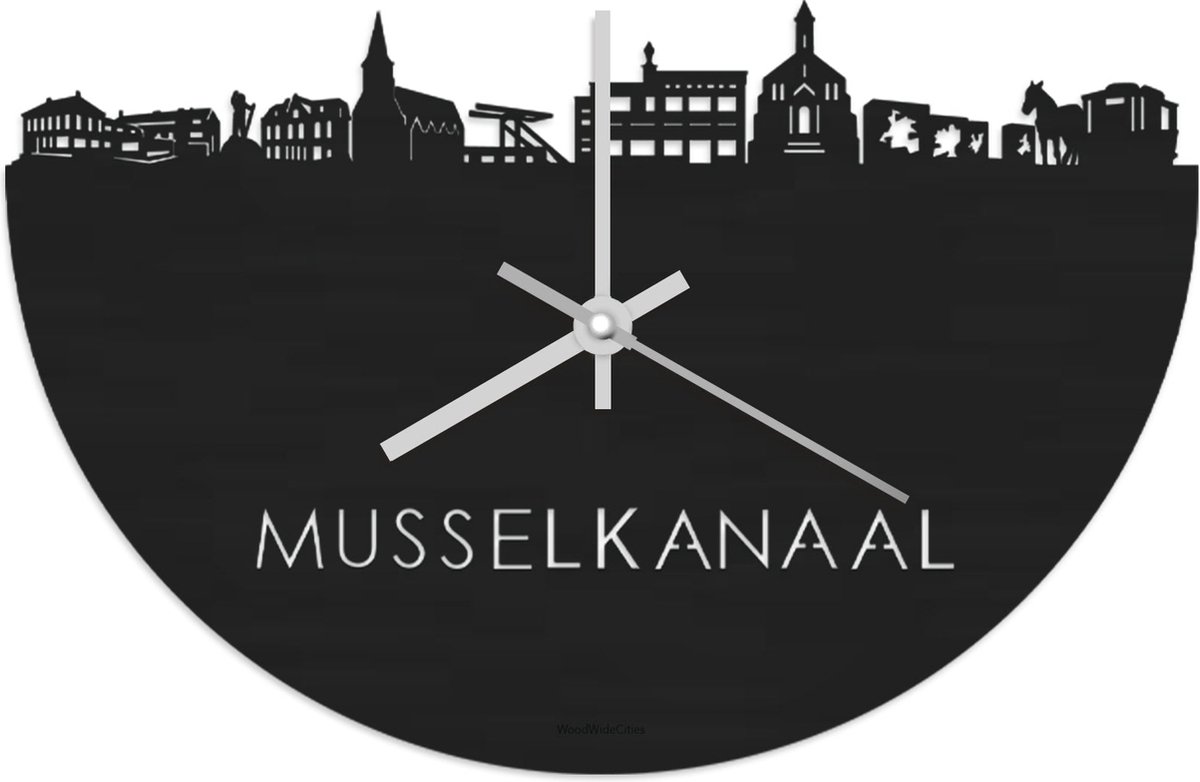 Skyline Klok Musselkanaal Zwart hout - Ø 40 cm - Stil uurwerk - Wanddecoratie - Meer steden beschikbaar - Woonkamer idee - Woondecoratie - City Art - Steden kunst - Cadeau voor hem - Cadeau voor haar - Jubileum - Trouwerij - Housewarming -