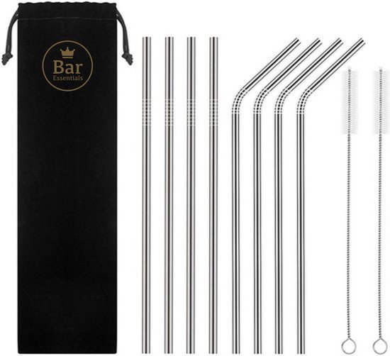 Bar Essentials® Set van 8 herbruikbare rvs rietjes met schoonmaakborsteltjes - RVS rietjes - Metalen rietjes - Rietjes herbruikbaar