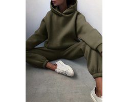 Comfortabel zacht huispak tweedelige set vrouwen trainingspak oversized pak broekpakken vrouwelijke sweatshirt effen Sport Hoodie sportkleding dames mode joggingpak 2022 Military Green Maat L