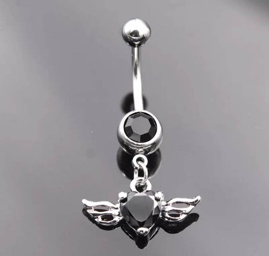 Zwart hart met vleugels navelpiercing