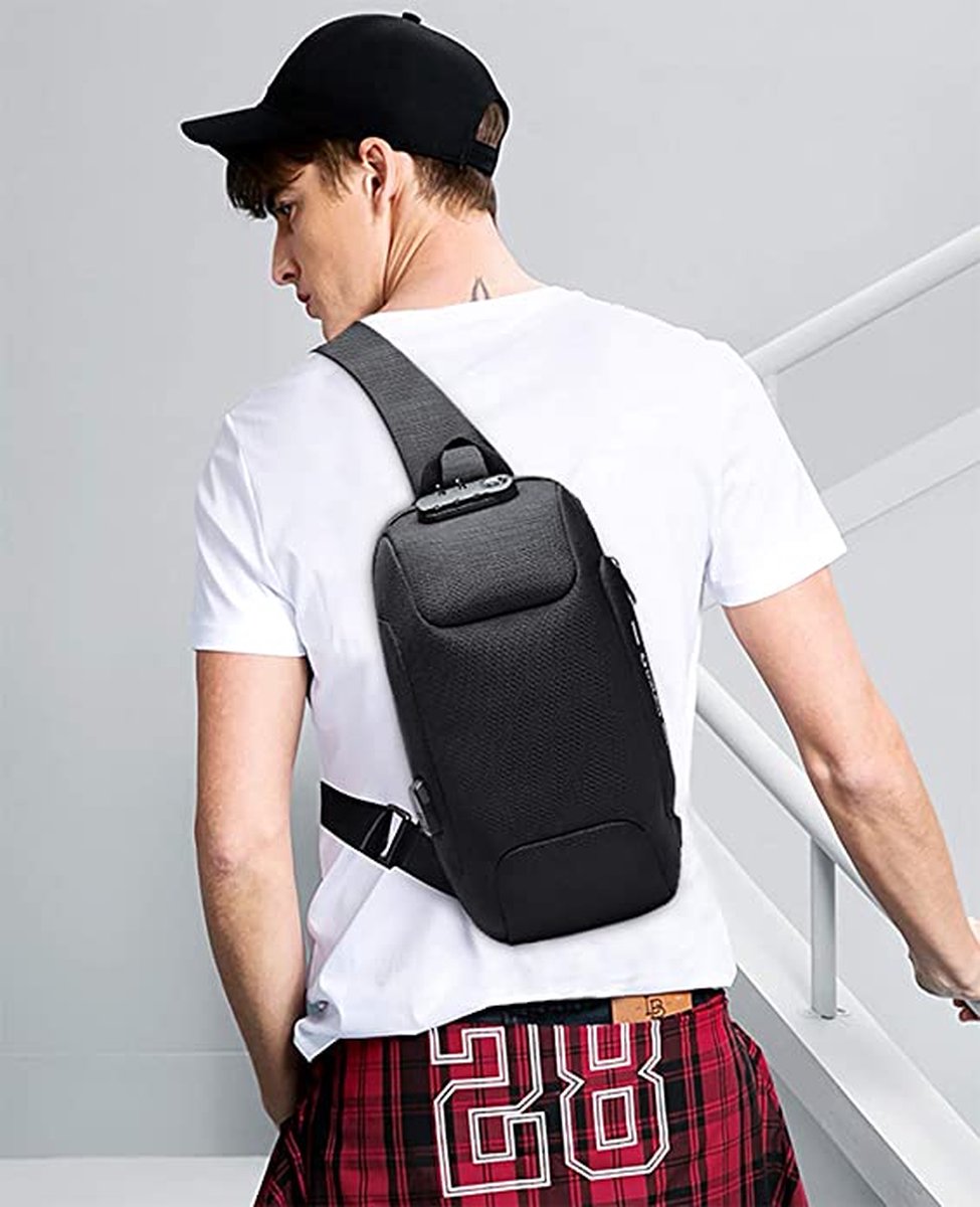 FANDARE Nieuwe borsttas, diefstalbeveiliging, sling bag voor 10,5 inch tablet heren dames schooltas schoudertas met USB-oplaadaansluiting, dagpacks voor school, avontuur, reizen, joggen, sporttas, polyester