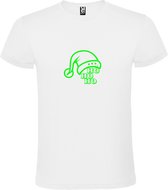 Wit T-Shirt met “ Kerst Muts / Ho Ho Ho “ Afbeelding Neon Groen Size XXXXL