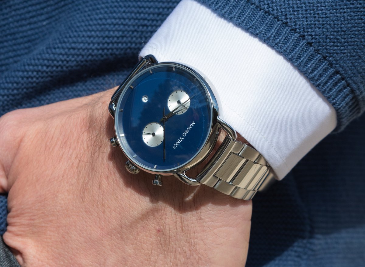Heren horloge Mauro Vinci zilver-blauw met lederen bewaardoos - Leisure line 420 stalen horloge met Japans binnenwerk