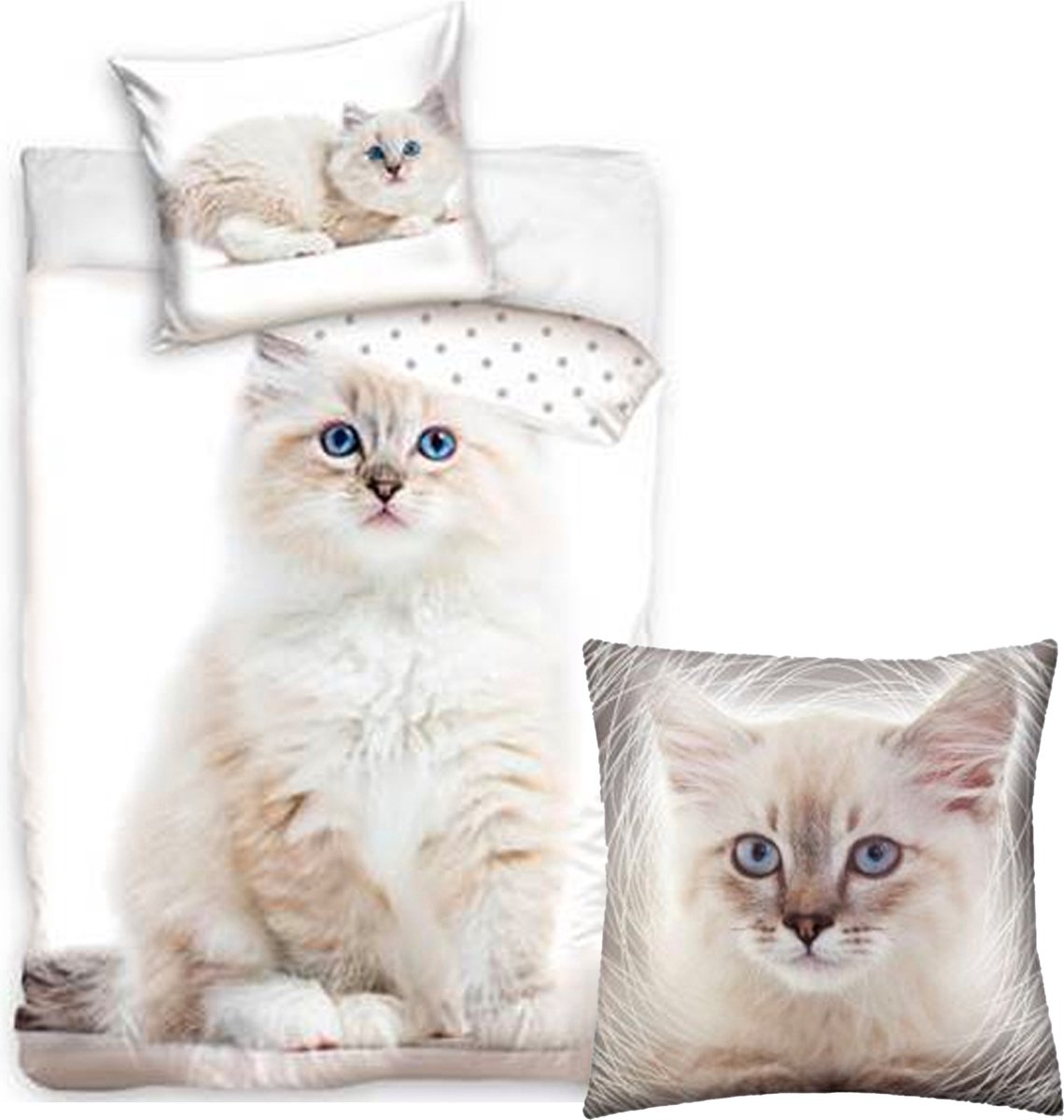 Dekbedovertrek witte poes / kitten / Pers- eenpersoons 140x200 - 100% katoen, incl. Sierkussen Kitten 40x40