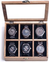 Alden - Houten Horloge Box - 6 Compartimenten met 6 Zwarte Kussentjes - Cadeau - Geschikt voor Horloges en Sieraden - Walnoothout - Bruin