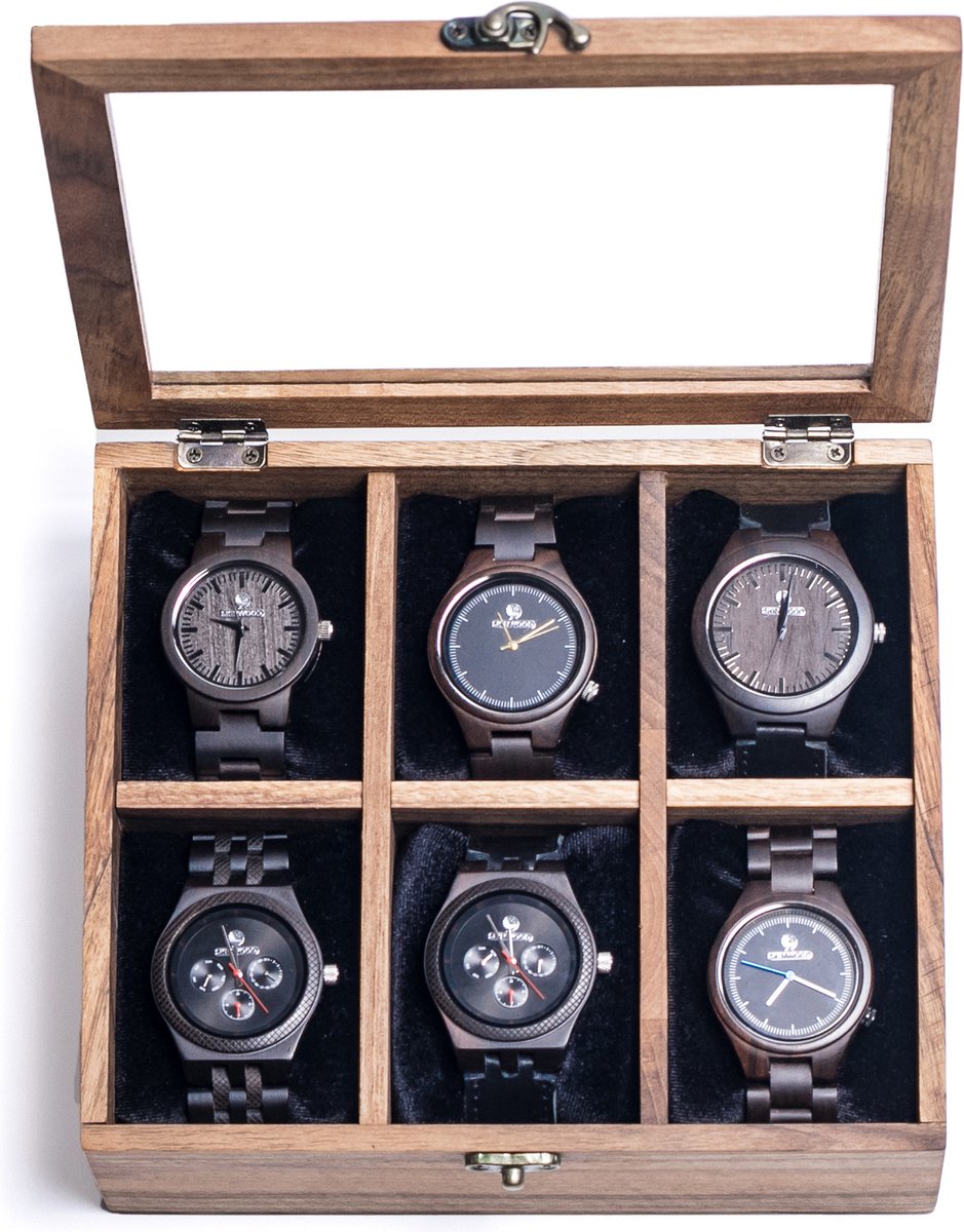 Alden - Houten Horloge Box - 6 Compartimenten met 6 Zwarte Kussentjes - Cadeau - Geschikt voor Horloges en Sieraden - Walnoothout - Bruin