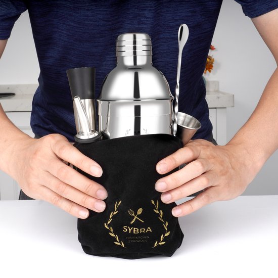 Sybra Cocktail Shaker Set - 6 delig - Cocktail shaker 750ML - Cocktail boek -  Roestvrijstaal - Geschenkverpakking - Opbergzakje