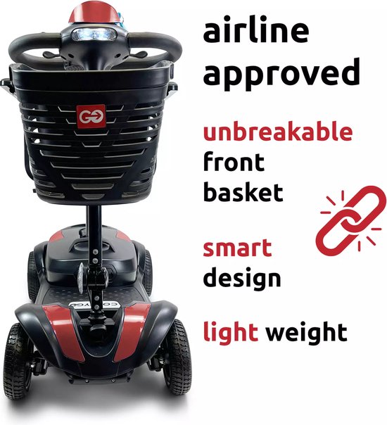 Zwarte scootmobiel met rode accenten, een mandje en een zwarte stoel. Tekst 'airline approved' en 'unbreakable front basket'.