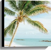 WallClassics - Canvas  - Palmboom op Wit Strand - 40x40 cm Foto op Canvas Schilderij (Wanddecoratie op Canvas)