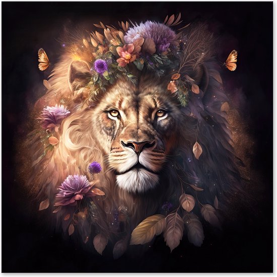 Graphic Message - Peinture sur Toile - Lion avec Fleurs et Papillons - Art Animalier Moderne