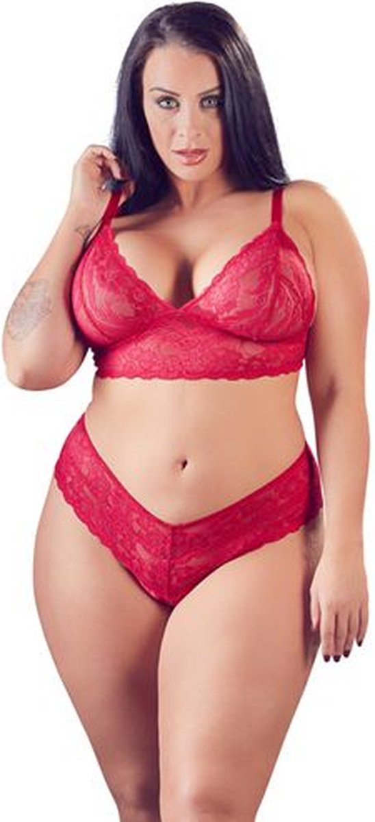 Cottelli Plus Size – Lingerie Set met Open String voor Uitstraling vol Passie – Maat 2XL – Rood