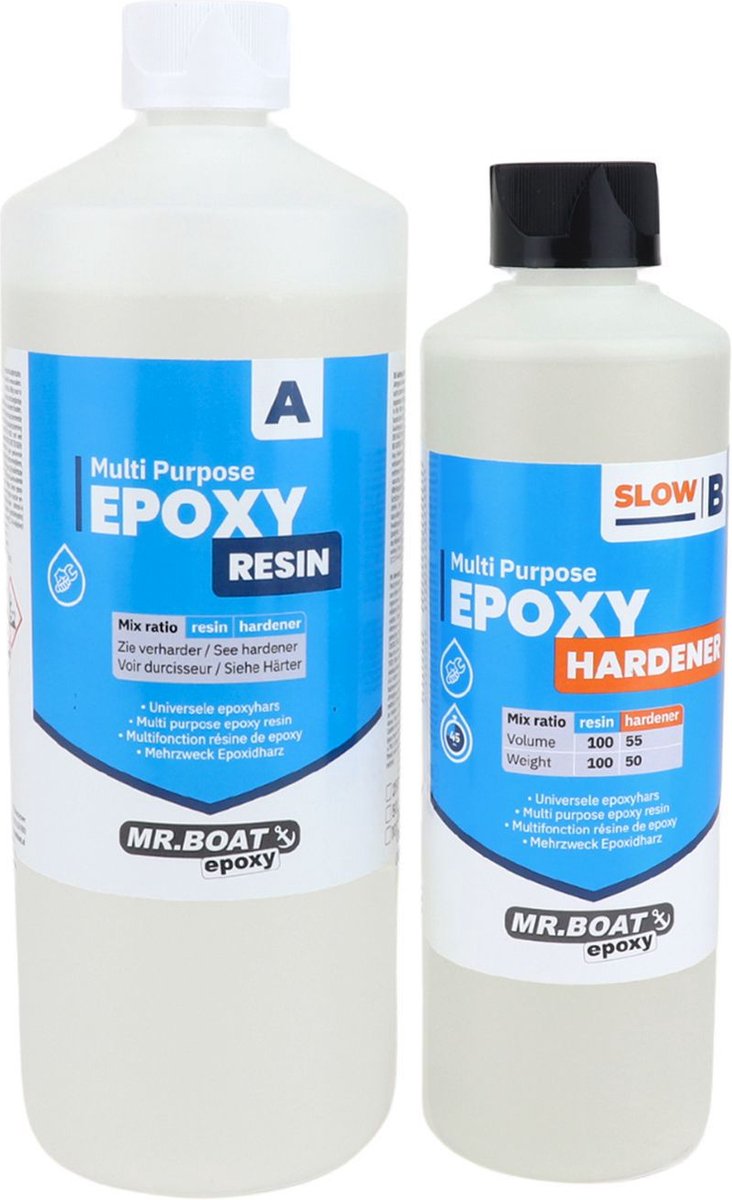 Mr.Boat Epoxy Universeel - 1500 gram - Transparante Resin / Epoxyhars - Met UV blocker - Mengbekers - Handschoenen – Tongspatels - 