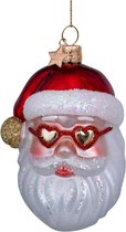 Ornament glass red santa w/heart glasses H10cm