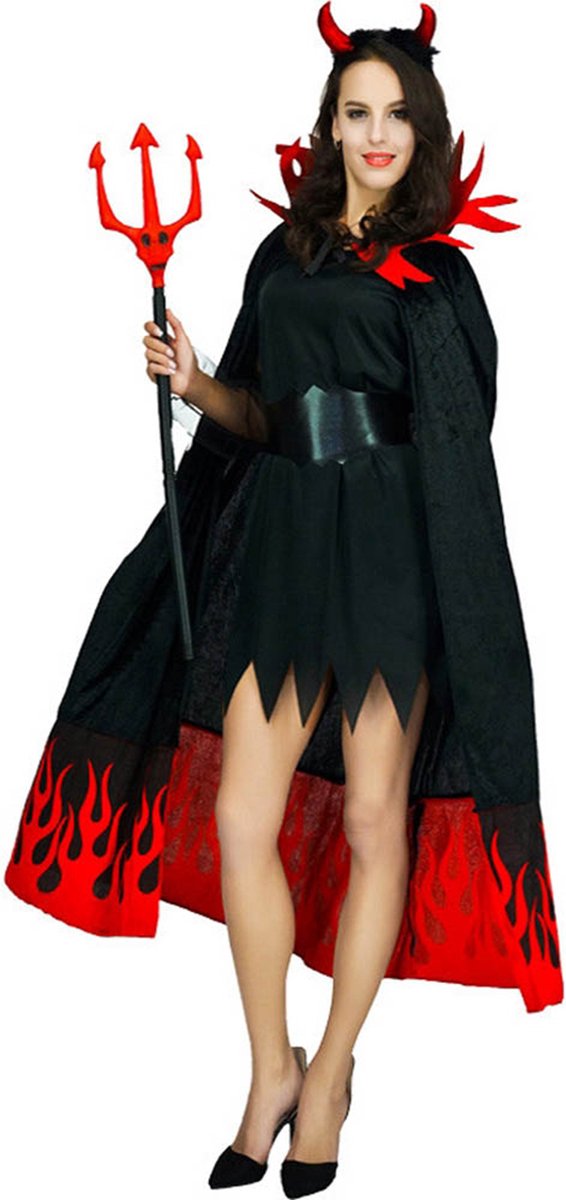 Costume De Diable Femme Halloween - 8 Pièces Avec Cape, Trident, Cornes, Masque Dentelle - Rouge Et Noir Réversible