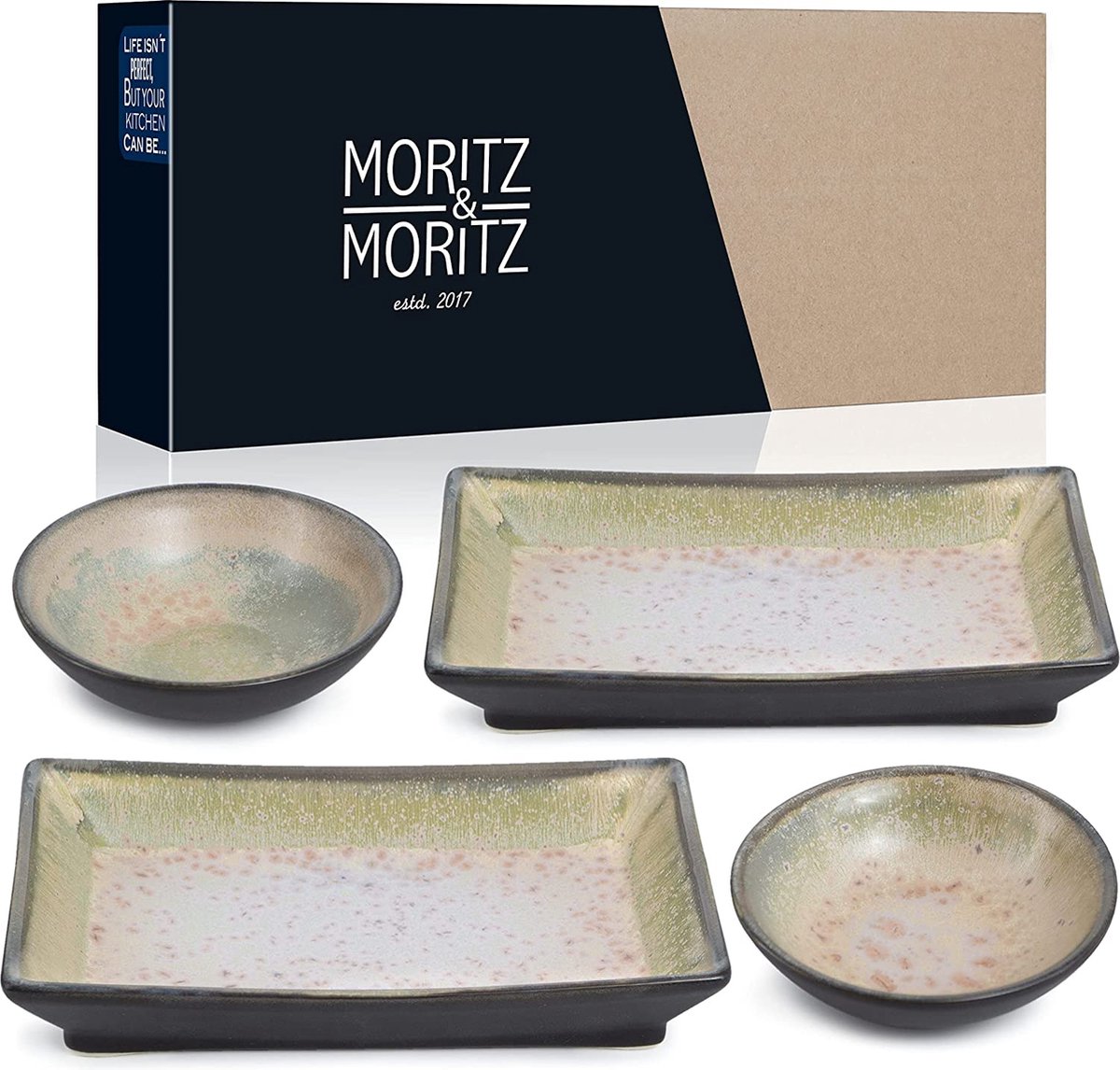 Moritz & Moritz Sushi serviesset voor 2 personen, sushi-serveerset met 2 x sushi-borden en 2 x sushi-dip-schaaltjes, paars-groen met reactief glazuur