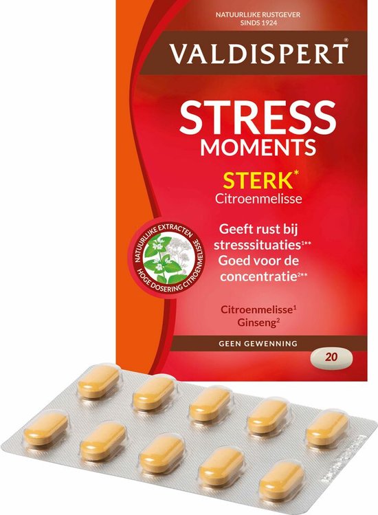 Valdispert Stress Momenten Sterk, met citroenmelisse en ginseng. Blisterverpakking met 8 tabletten.