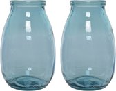 2x stuks blauwe vazen/bloemenvaas van gerecycled glas 18 x 28 cm - Glazen vazen voor bloemen en boeketten