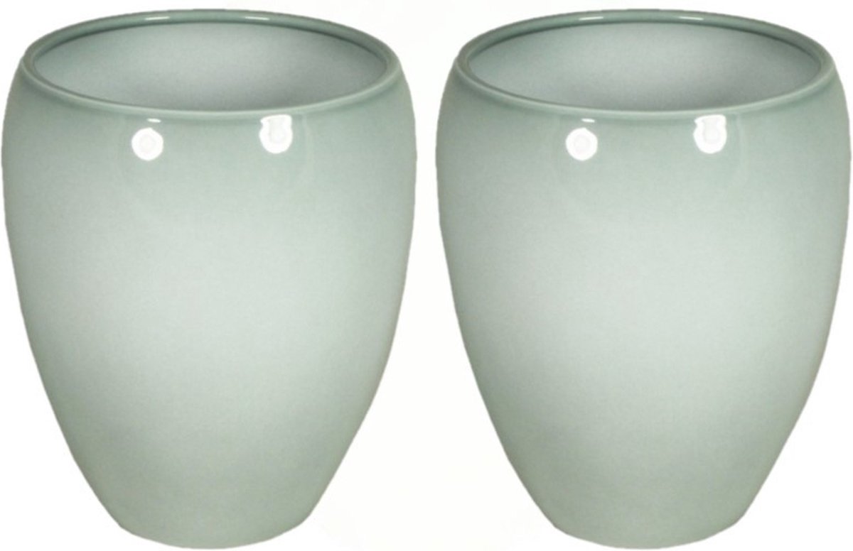 Floran Vaas - 2x stuks - misty groen - glanzend - keramiek - D25 x H28 cm - bloemenvaas