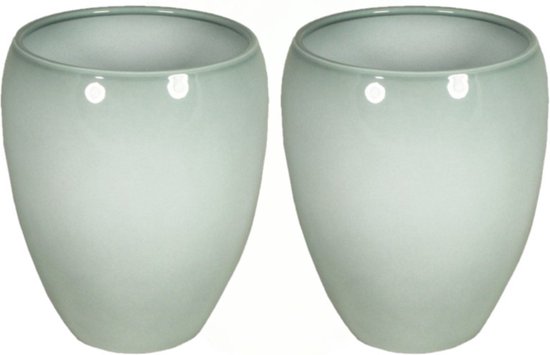 2x pièces vase à fleurs/vases vert brumeux brillant en céramique D25 x H28 cm - Pot de fleur/pot de plante/vase de fleur