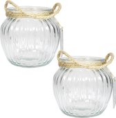 Set van 3x stuks glazen ronde windlichten Ribbel 2 liter met touw hengsel/handvat 15 x 14,5 cm - 2000 ml - Kaarsen/Waxinelicht