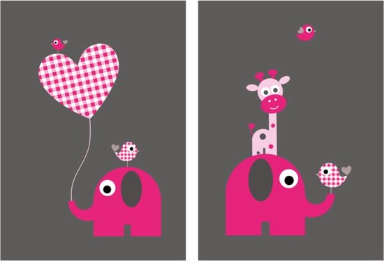 Poster - set - kinderkamer - babykamer - A4 - dieren - olifant - giraf - vogel - roze - grijs - meisje - ballon - Coszy