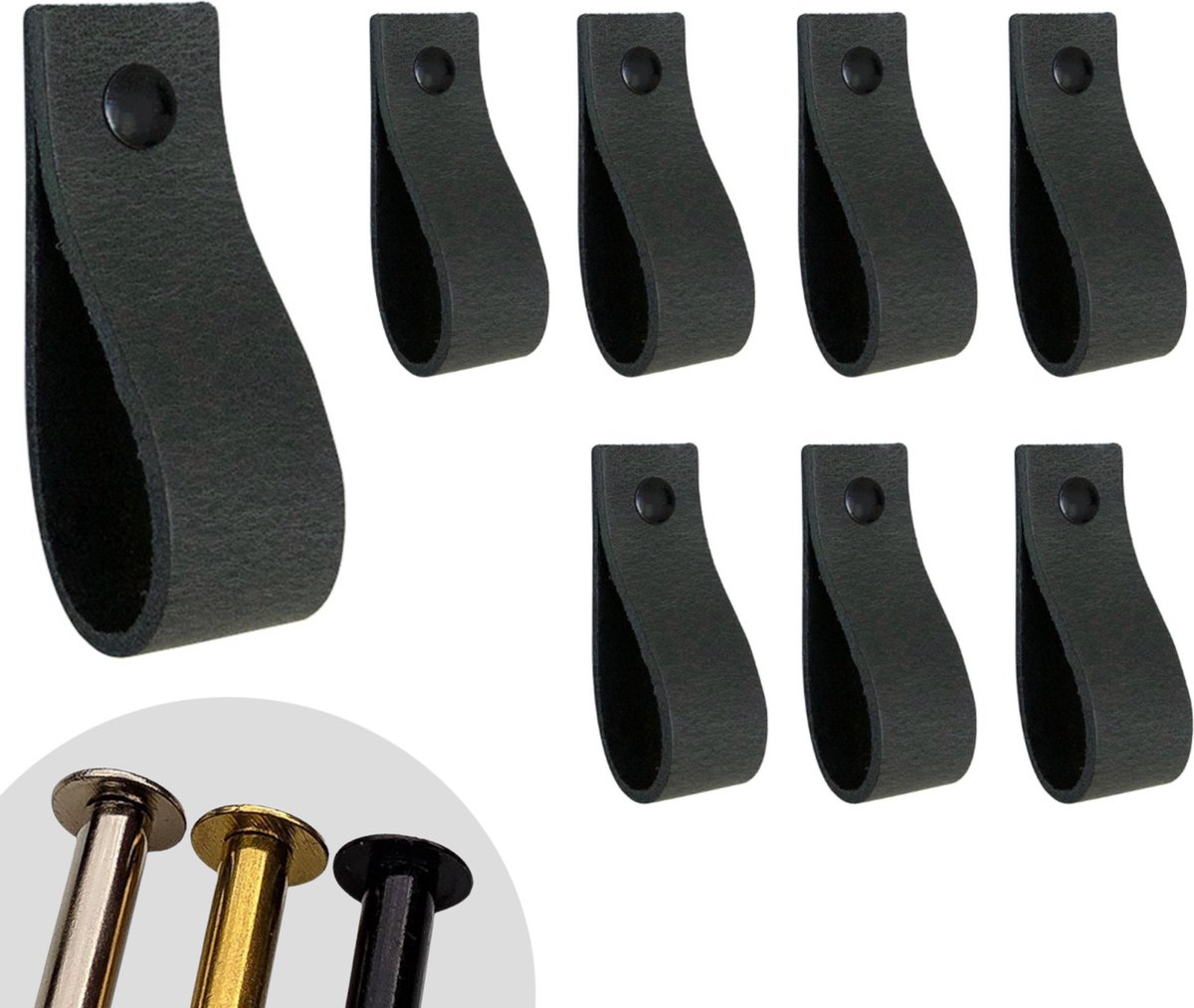 Leren lusjes - Antraciet Grijs - 8 stuks - incl. 3 kleuren schroefjes (leren handgrepen - leren handgreepjes - leren greepjes)