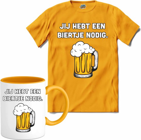 Biertje nodig? - Bier kleding cadeau - bierpakket kado idee - grappige bierglazen drank feest teksten en zinnen - T-Shirt met mok - Heren - Geel - Maat 3XL