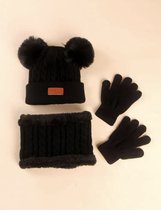 Bonnet, écharpe et gants d'hiver - coloris noir - Enfant 2-5 ans - Cadeau enfant - Cadeau de Noël - Bonnet à 2 pompons