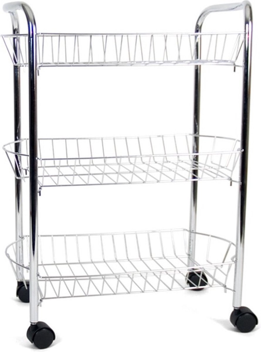 Verchroomde keuken trolley met manden op wielen 50 x 26 x 63 cm - Keukentrolley - Keuken/badkamer rekje van metaal