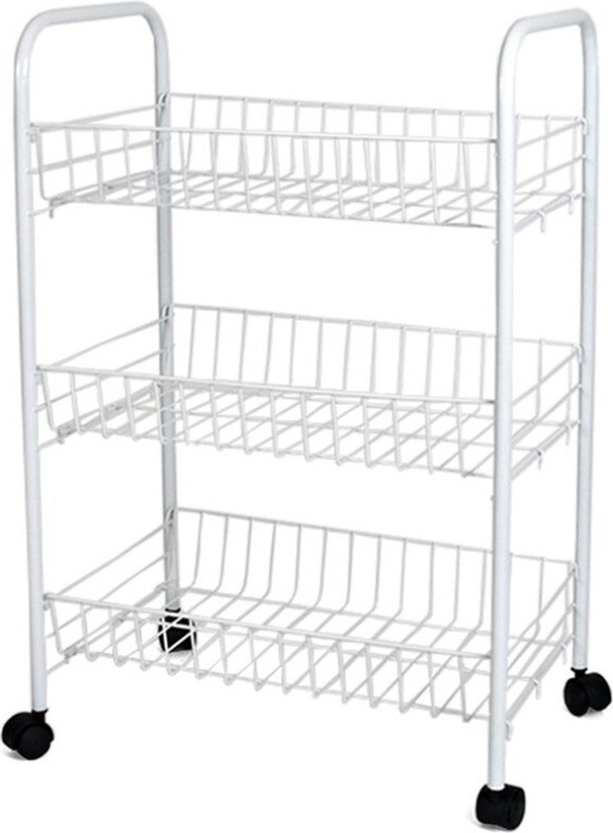 Witte keuken trolley met manden op wielen 40 x 26 x 62 cm - Keukentrolley - Keuken/badkamer rekje van metaal