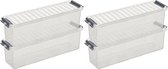 8x Sunware Q-Line opberg boxes/opbergdozen 1,3 liter 27 x 8,4 x 9 cm kunststof - Langwerpige/smalle opslagbox - Opbergbak kunststof transparant/zilver
