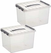 2x Sunware Q-Line opberg box/opbergdoos 22 liter 40 cm - Opbergbak kunststof transparant/zilver 2 stuks
