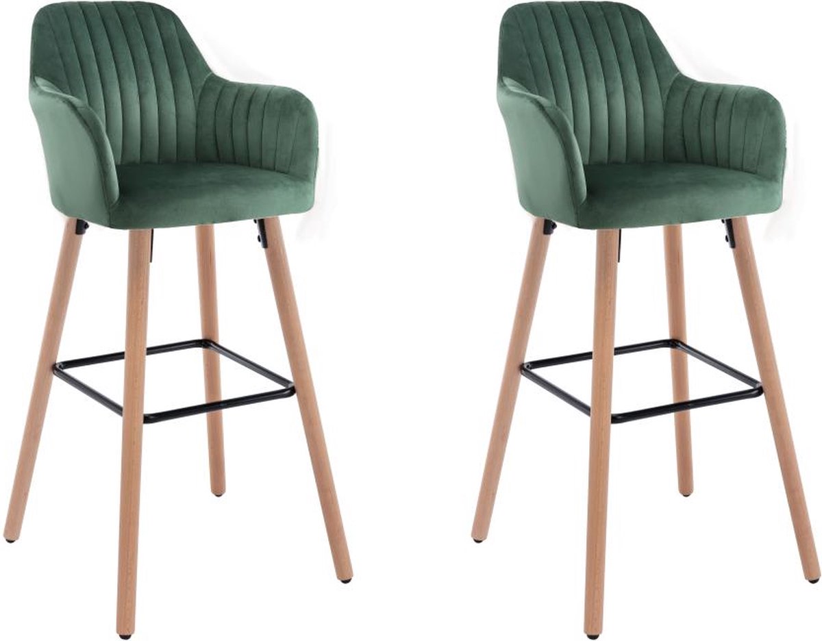 Vente-unique Set van 2 barkrukken in fluweel en metaal met beukenhouteffect - Donkergroen - ELEANA L 47 cm x H 98 cm x D 52 cm Emerald groen