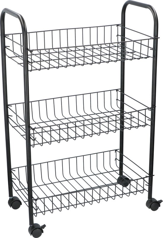 Zwarte stevige opberg trolley/roltafel met 3 manden 60 cm - Etagewagentje/karretje met opbergkratten