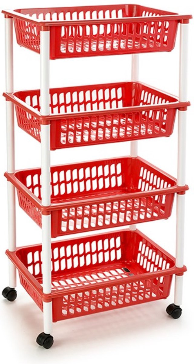 Rode opberg trolley/roltafel met 4 manden 40 x 50 x 85 cm - Etagewagentje/karretje met opbergkratten