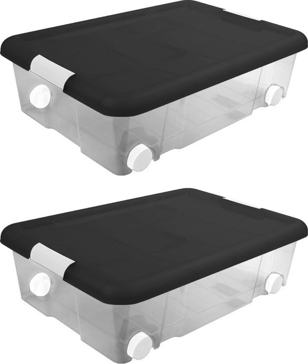 2x Stuks opberg boxen/opbergdozen met wielen 31 liter 61 x 44 x 17 cm kunststof - Opslagboxen - Opbergbakken kunststof transparant/zwart